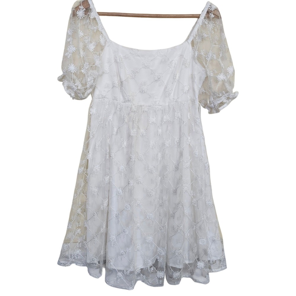 Tullabee Floral Lace Puff Sleeve Mini Dress Womens Med White Coastal Cowgirl